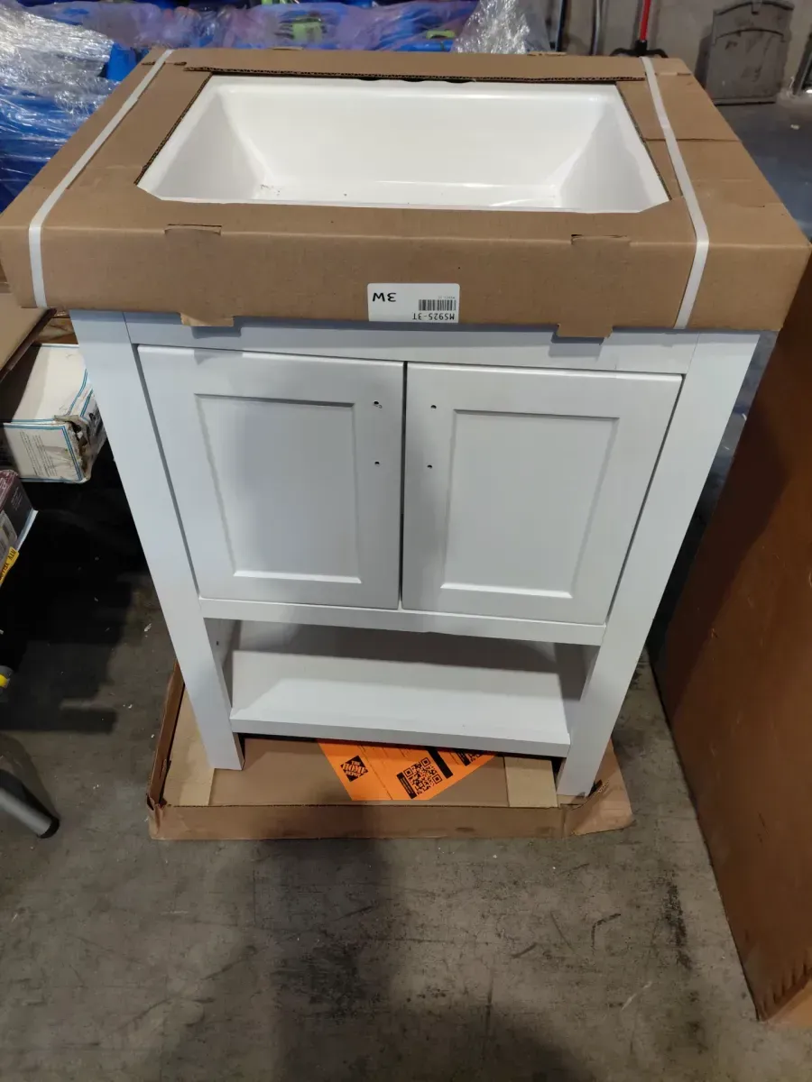 White Bathroom Vanity with Integrated Sink Top - image 3