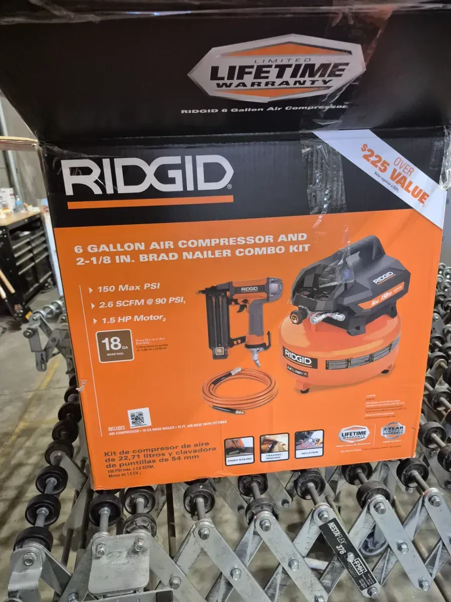 RIDGID 6 Gal. 150 PSI Portable Electric Oil-Free Jobsite Pancake Air Compressor with 25 ft. Air Hose and 18GA Brad Nailer - image 2