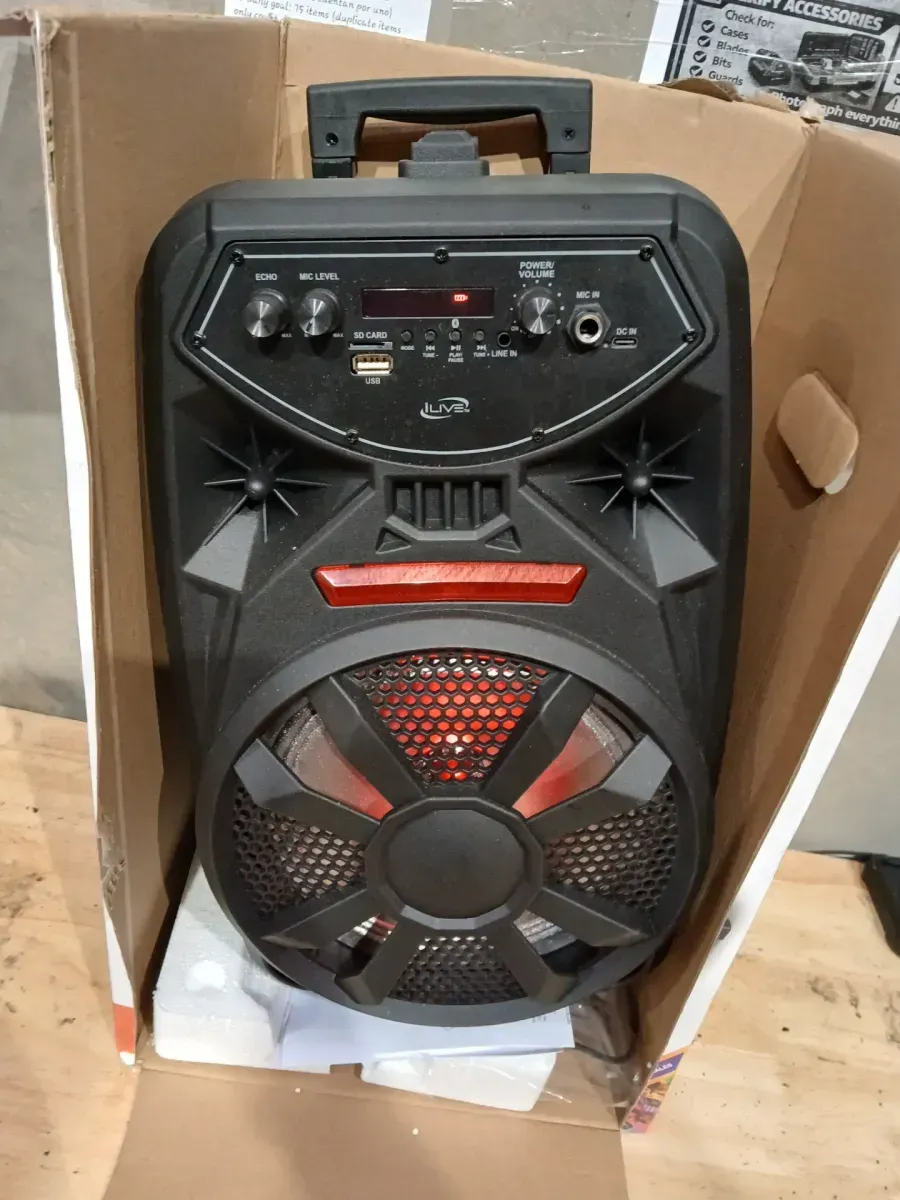 iLive Wireless Tailgate Party Speaker with Built-In 8 in. Speaker, FM Scan Radio, Retractable Handle, Wheels, LED Lights, BLK - image 4