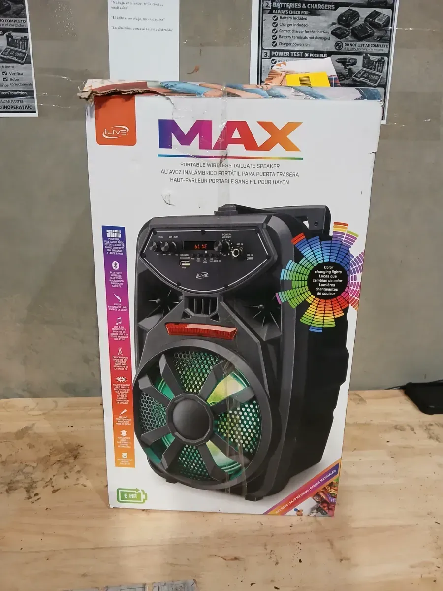 iLive Wireless Tailgate Party Speaker with Built-In 8 in. Speaker, FM Scan Radio, Retractable Handle, Wheels, LED Lights, BLK - image 2