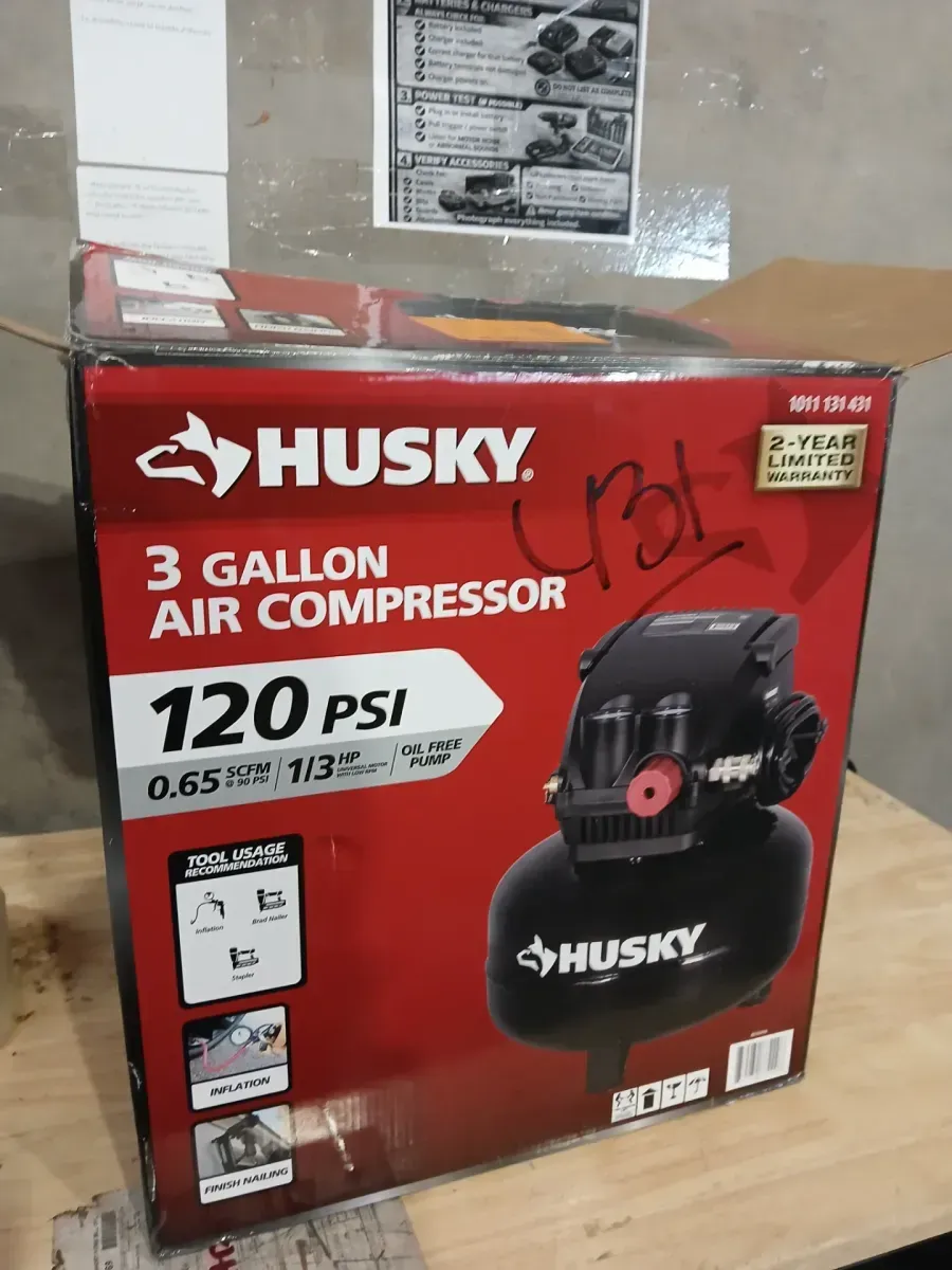 Husky 3 Gal. 120 PSI Portable Electric Oil-Free Light Duty Pancake Air Compressor with Fold Down Handle and 1-Quick Coupler - image 1