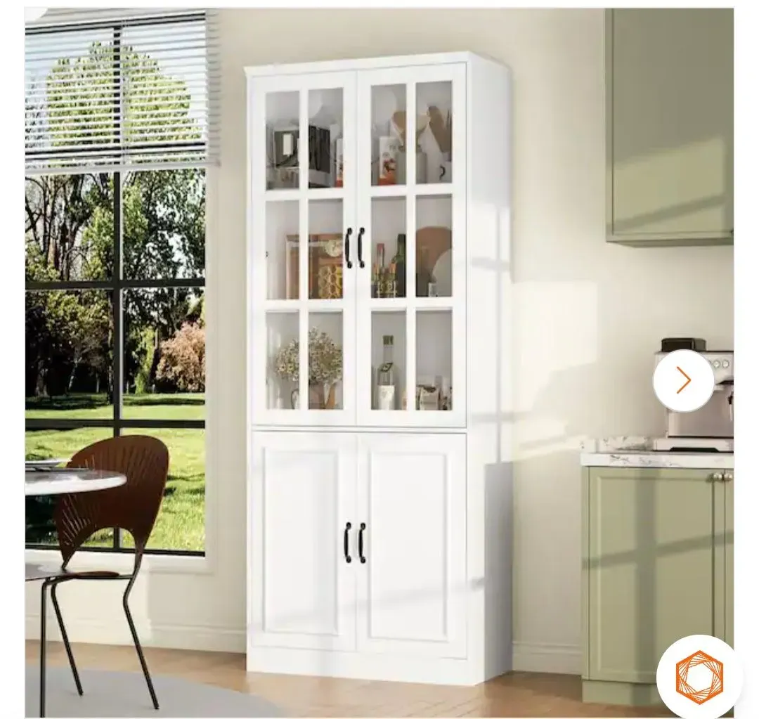 Tall White Kitchen Pantry Cabinet with Glass Display Doors - image 2