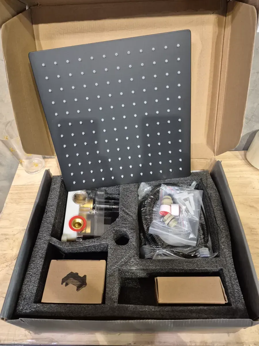 1-Spray Square 12 in. Shower Head Brass Wall Bar Shower Kit with Valve and Hand Shower Rainfall Shower in Matte Black - image 3