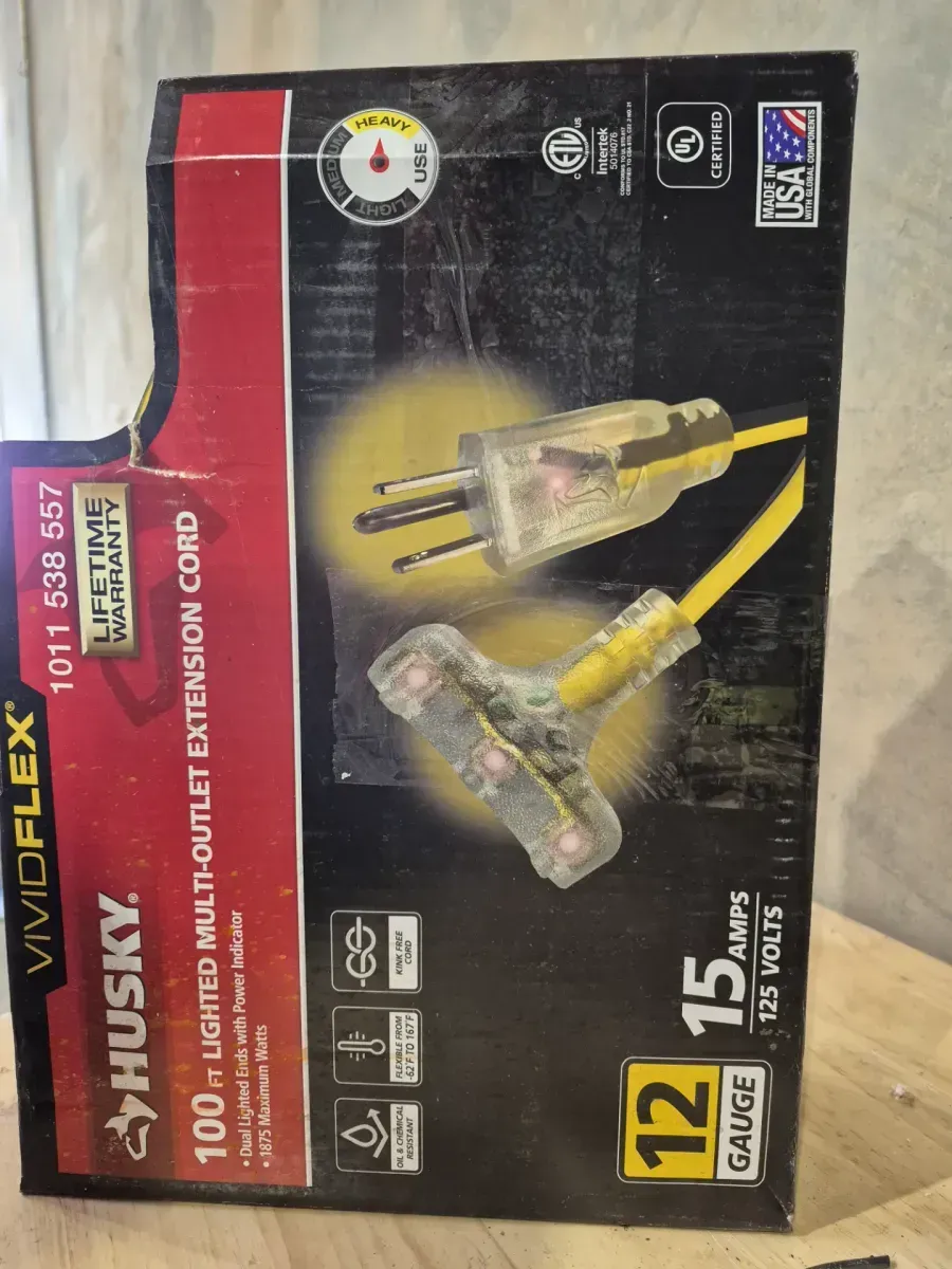 VividFlex 100 ft. 12/3 Heavy Duty Indoor/Outdoor Triple Tap Extension Cord with Lighted Ends, Yellow - image 4