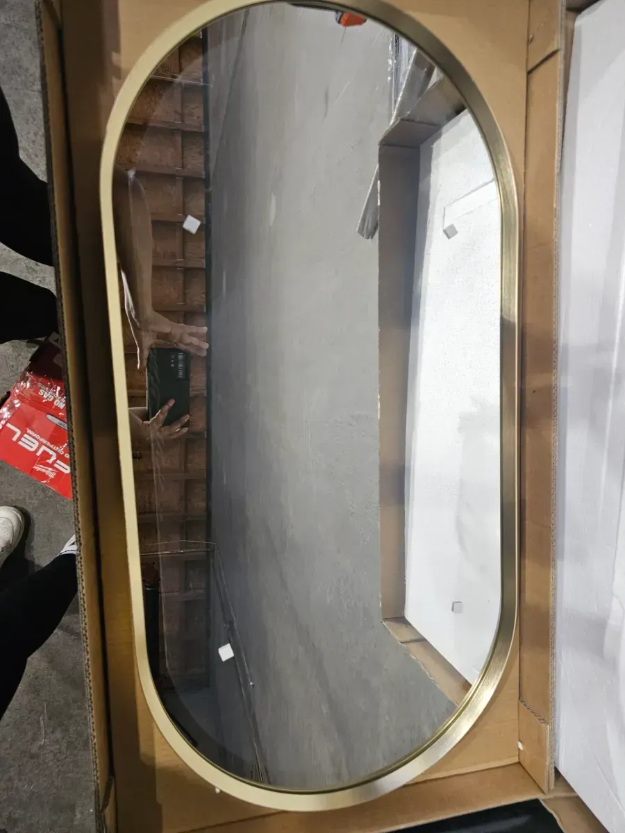 Essential 18 in. W x 36 in. H Oval Framed Wall Mount Bathroom Vanity Mirror in Moderne Brushed Gold - image 3