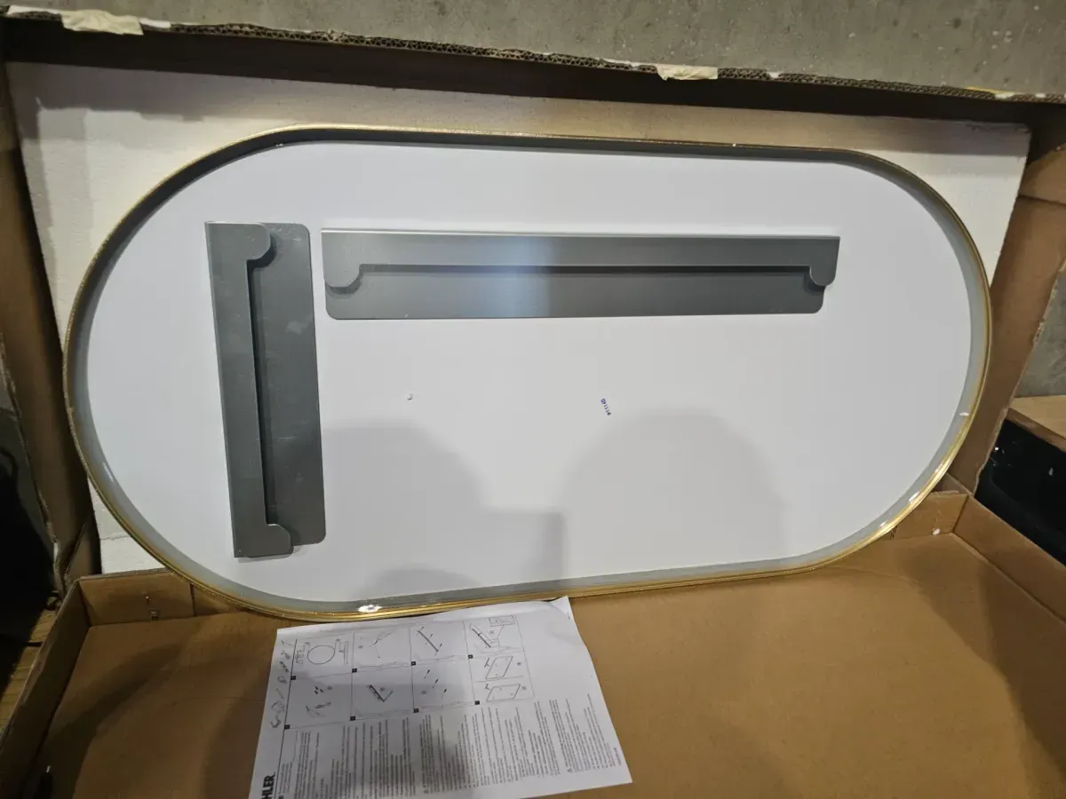 Essential 18 in. W x 36 in. H Oval Framed Wall Mount Bathroom Vanity Mirror in Moderne Brushed Gold - image 4