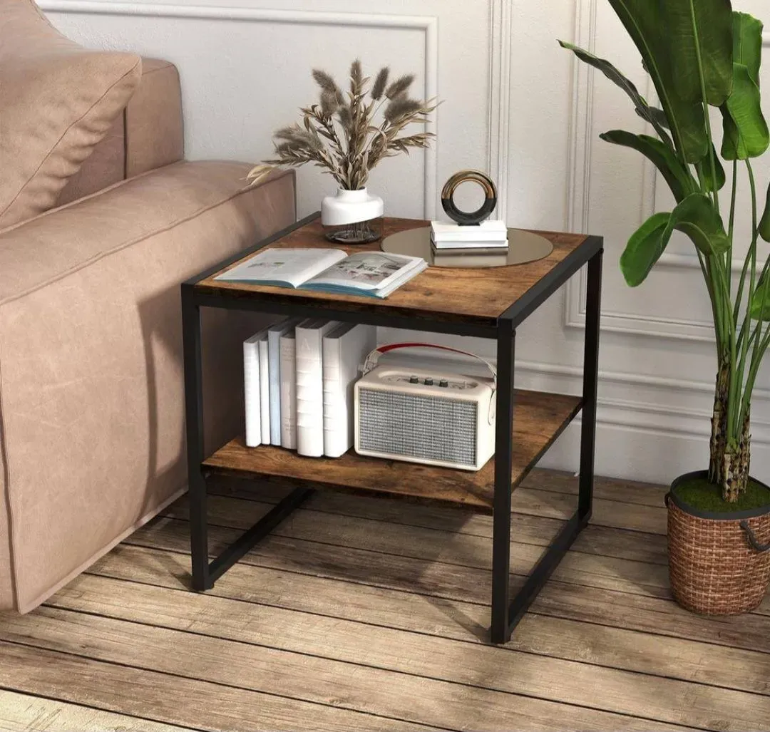 Industrial Style End Table with 2-Tier Storage Shelf - image 1