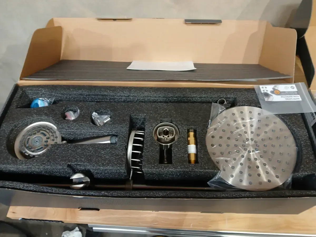 5-Spray Round Wall Bar Shower Kit with Hand Shower with Adjustable Soap Basket in Brushed Nickel - image 2