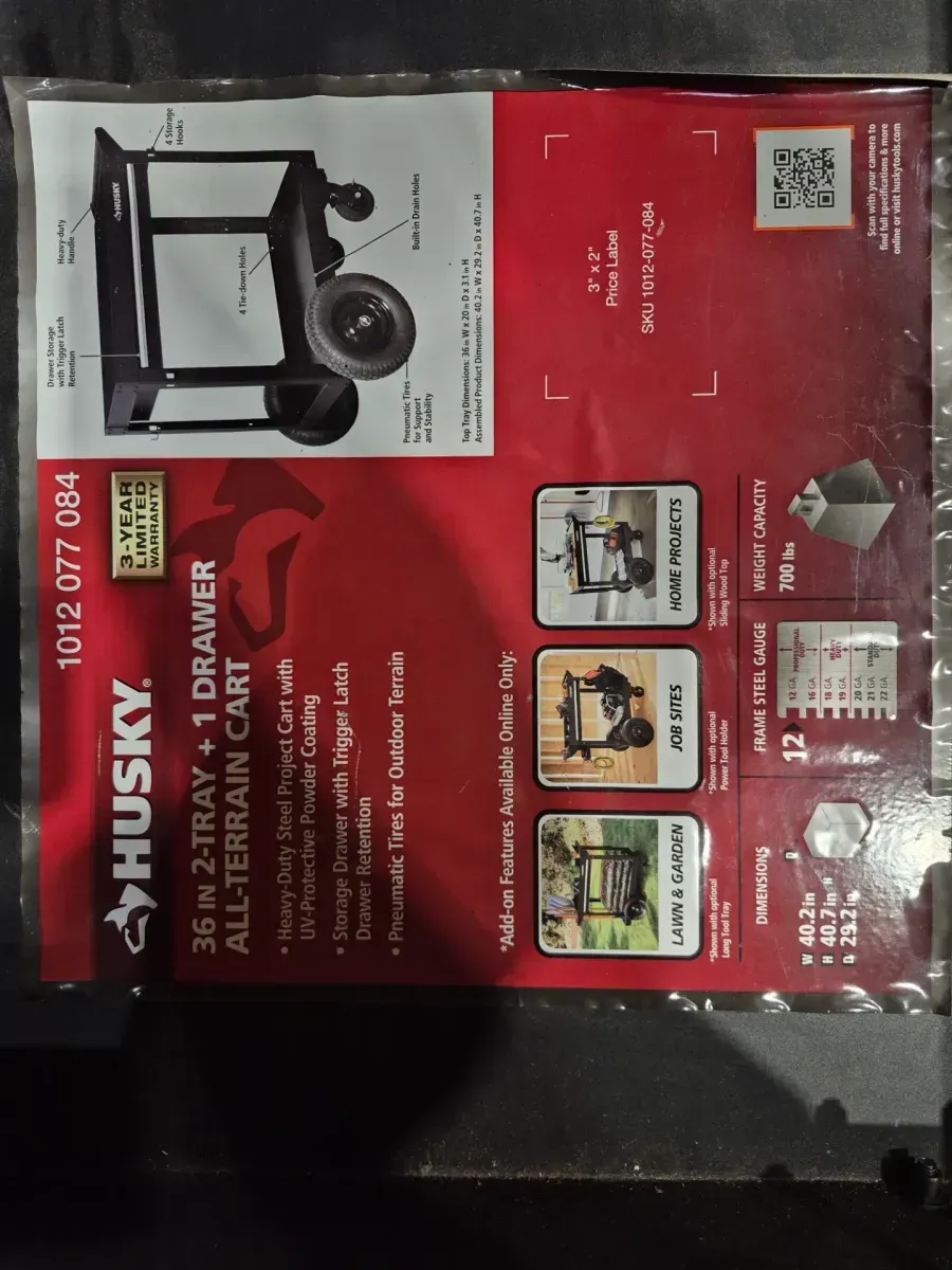 *** It is missing the two large tires *** 36 in. 1-Drawer 2-Tray Black All-Terrain Rolling Utility Cart - image 2