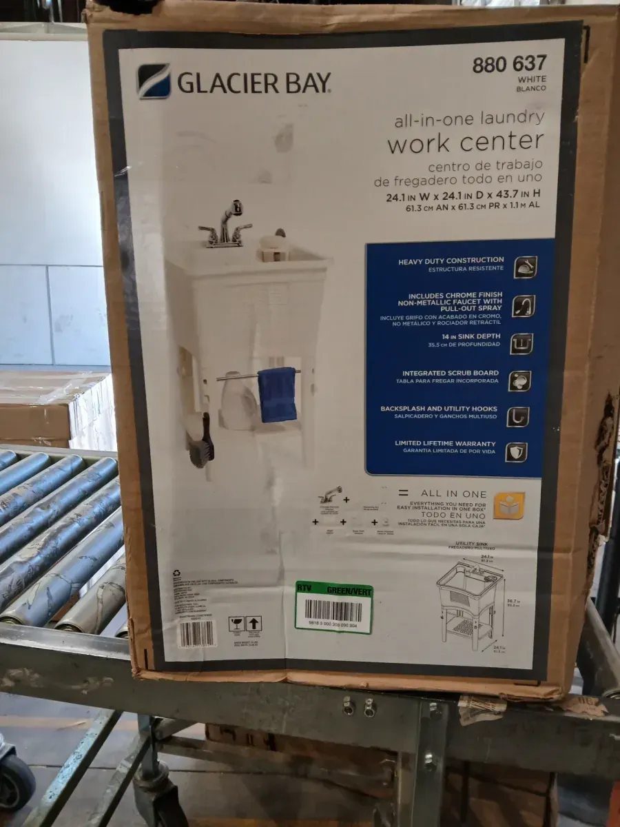 Glacier Bay 24.1 in. L x 24.1 in. W x 36.7 in. H Laundry Sink / Utility Sink Work Center in White with Pull-Out Faucet in Chrome - image 2