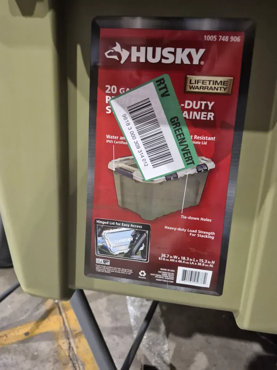 Husky 20 Gal. Professional Heavy Duty Waterproof Stackable Plastic Storage Container with Hinged Lid in Army Green (2-Pack) - image 1