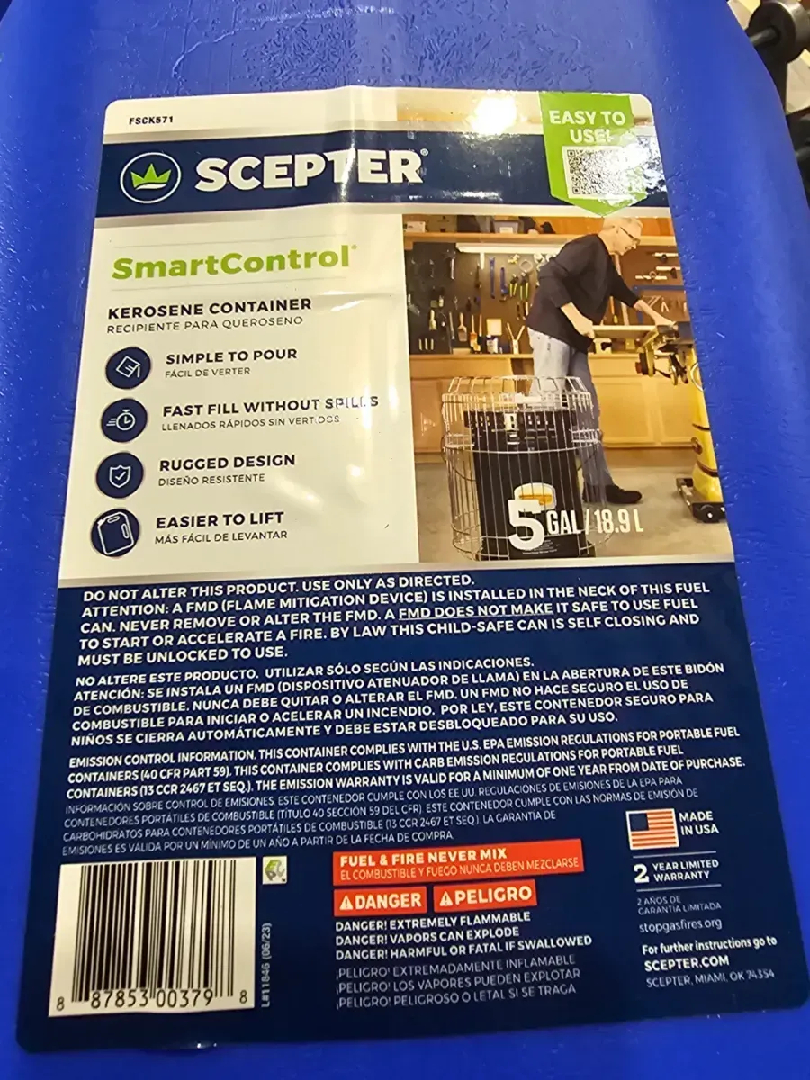 5 Gal. Smartcontrol Kerosene Can with Rear Handle, Blue Fuel Container - image 4