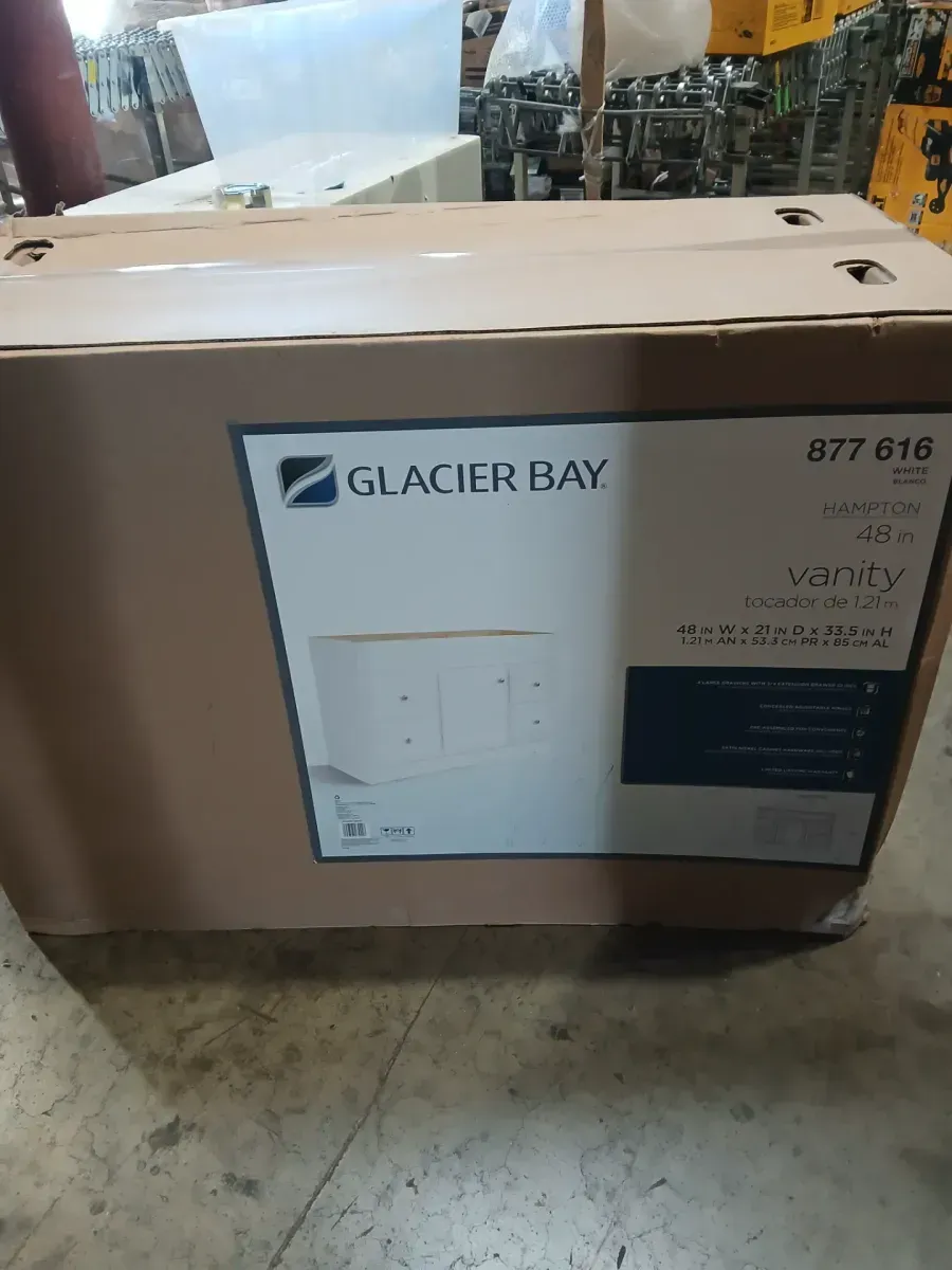 ***front bottom wood broken Canfield 48 in. W x 21 in. D x 33.5 in. H Bath Vanity Cabinet without Top in White Finish - image 2