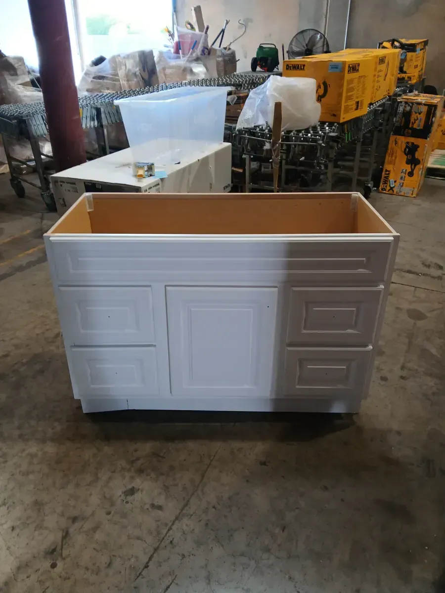 ***front bottom wood broken Canfield 48 in. W x 21 in. D x 33.5 in. H Bath Vanity Cabinet without Top in White Finish - image 3