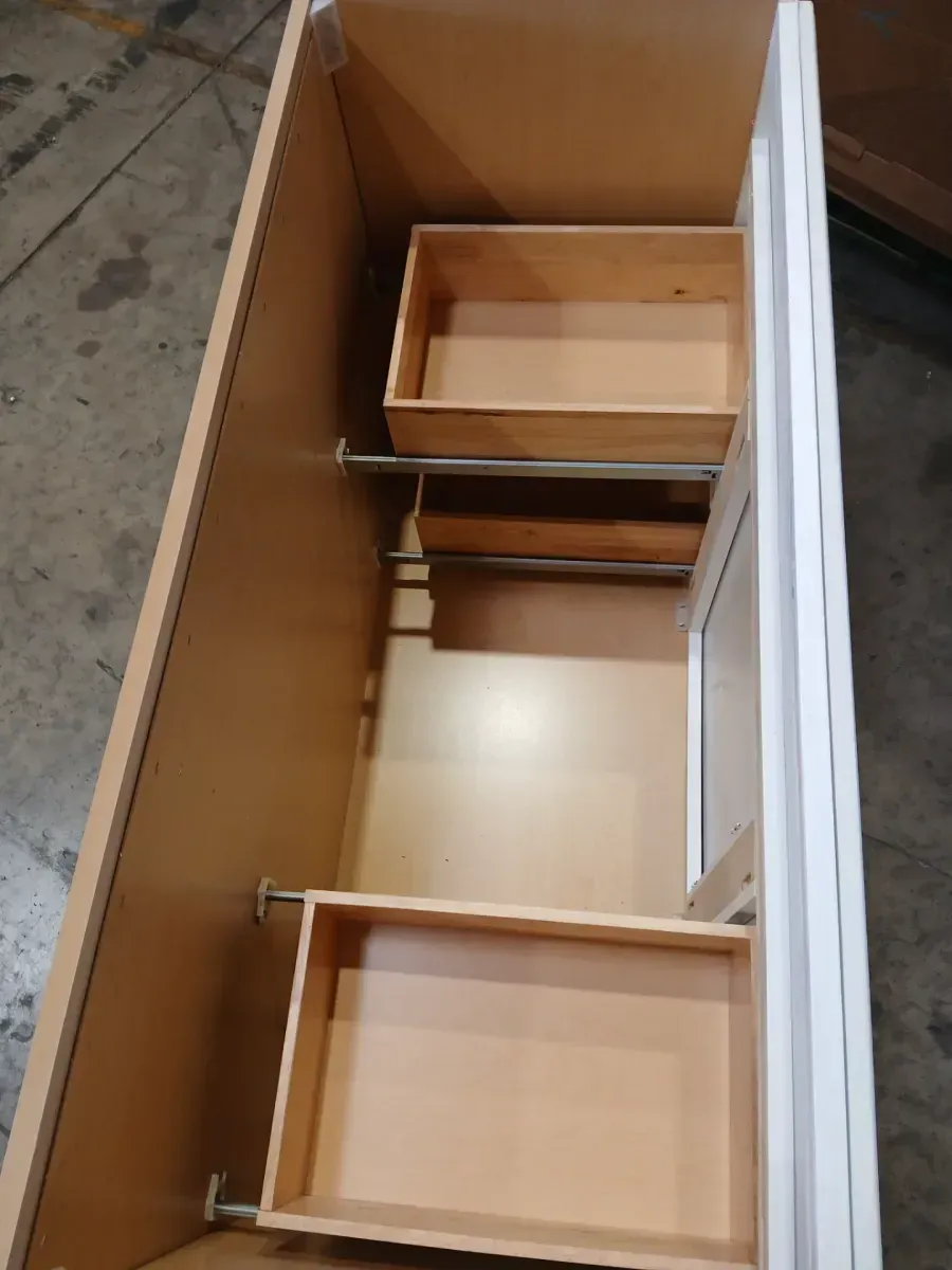 ***front bottom wood broken Canfield 48 in. W x 21 in. D x 33.5 in. H Bath Vanity Cabinet without Top in White Finish - image 5