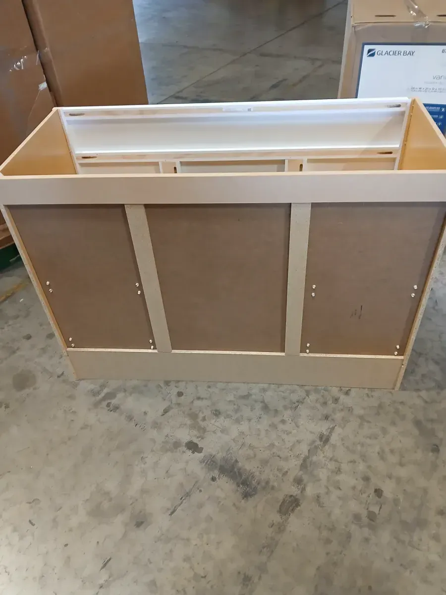 ***front bottom wood broken Canfield 48 in. W x 21 in. D x 33.5 in. H Bath Vanity Cabinet without Top in White Finish - image 6