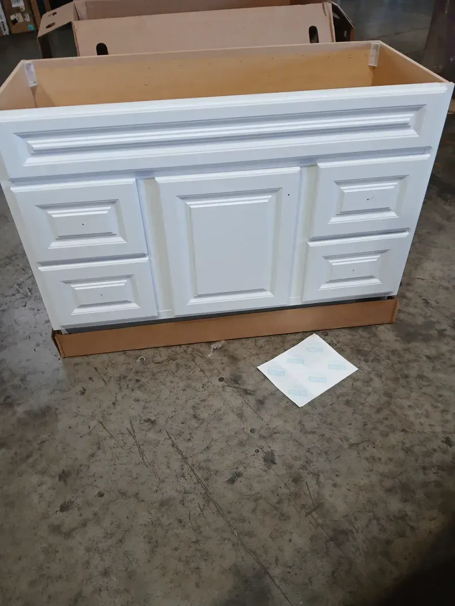 ***front bottom wood broken Canfield 48 in. W x 21 in. D x 33.5 in. H Bath Vanity Cabinet without Top in White Finish - image 3