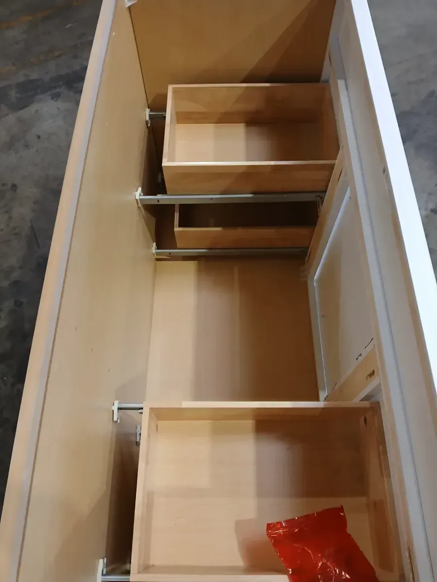 ***front bottom wood broken Canfield 48 in. W x 21 in. D x 33.5 in. H Bath Vanity Cabinet without Top in White Finish - image 5