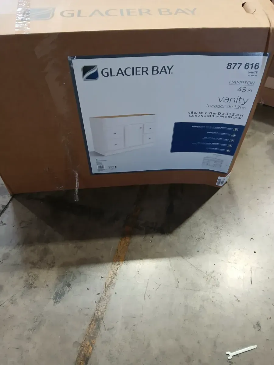 ***front bottom wood broken Canfield 48 in. W x 21 in. D x 33.5 in. H Bath Vanity Cabinet without Top in White Finish - image 2