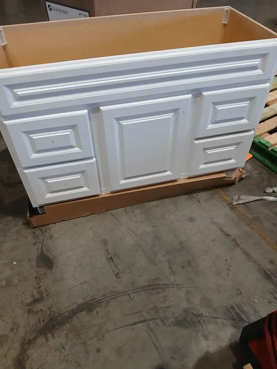 ***front bottom wood broken Canfield 48 in. W x 21 in. D x 33.5 in. H Bath Vanity Cabinet without Top in White Finish - image 3