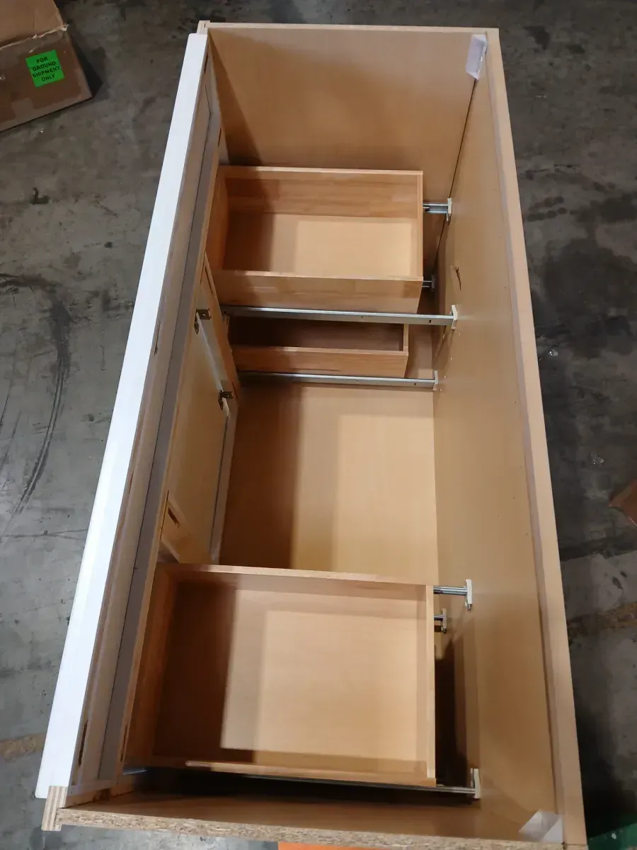 ***front bottom wood broken Canfield 48 in. W x 21 in. D x 33.5 in. H Bath Vanity Cabinet without Top in White Finish - image 5