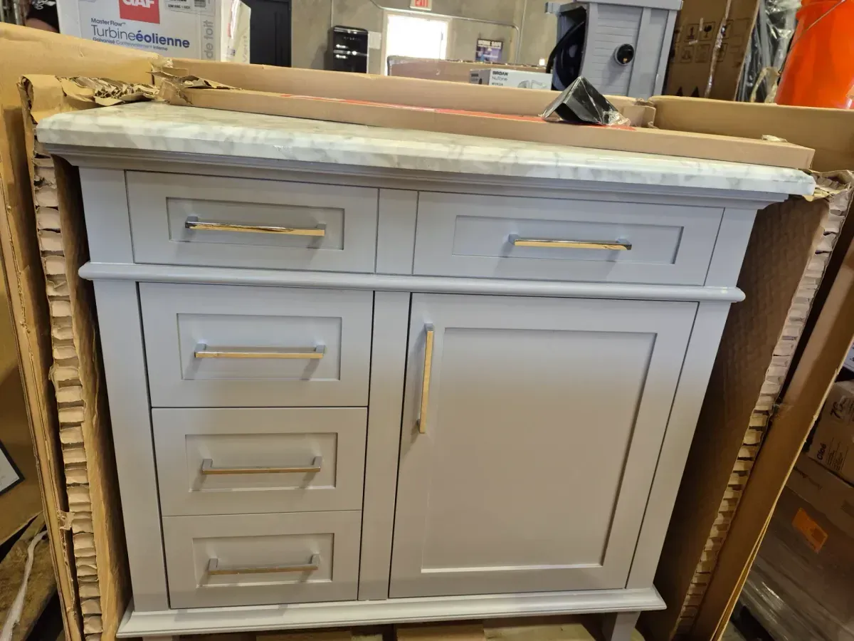 Sonoma 36 in. Pebble Gray Vanity with Carrara Marble Top and 22 in. x 30 in. Mirror Combo - image 5