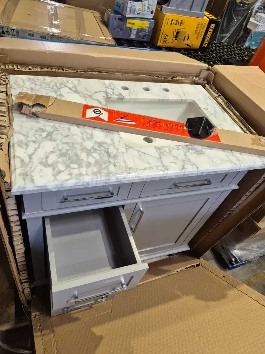 Sonoma 36 in. Pebble Gray Vanity with Carrara Marble Top and 22 in. x 30 in. Mirror Combo - image 6