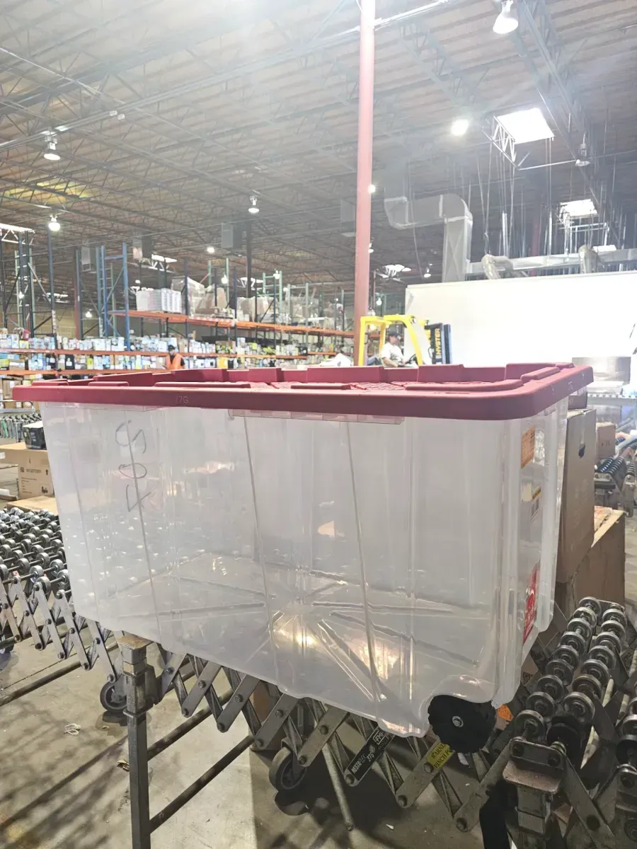 77 Gal. Tough Storage Tote with Wheels in Clear with Red Lid - image 3