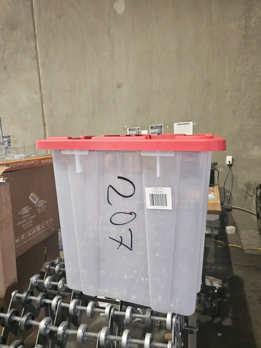 77 Gal. Tough Storage Tote with Wheels in Clear with Red Lid - image 4