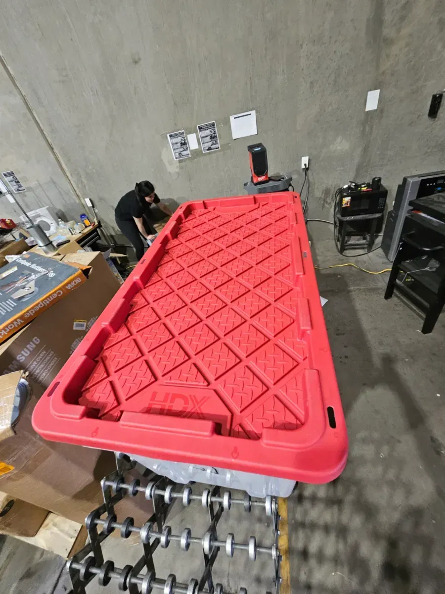 77 Gal. Tough Storage Tote with Wheels in Clear with Red Lid - image 5