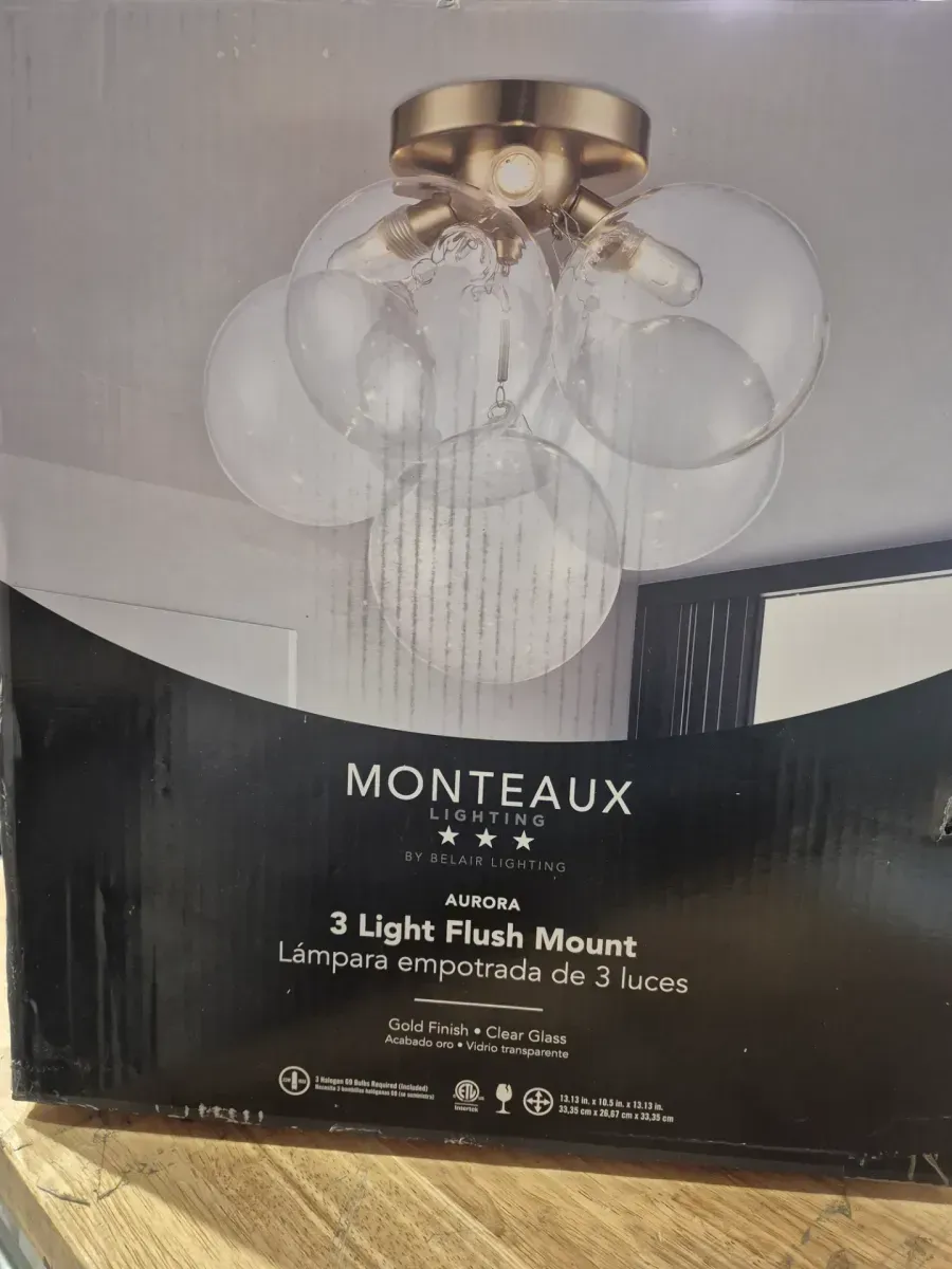 Aurora 13.3 in. 3-Light Gold Flush Mount Ceiling Light with Clear Glass Globe Shades and Halogen Light Bulbs Included - image 2