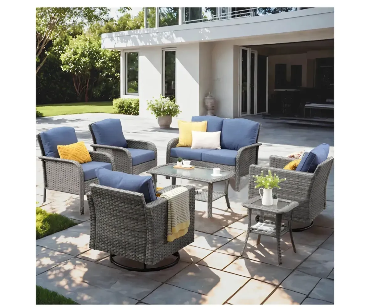 7-Piece Wicker Patio Conversation Set with Blue Cushions - image 1