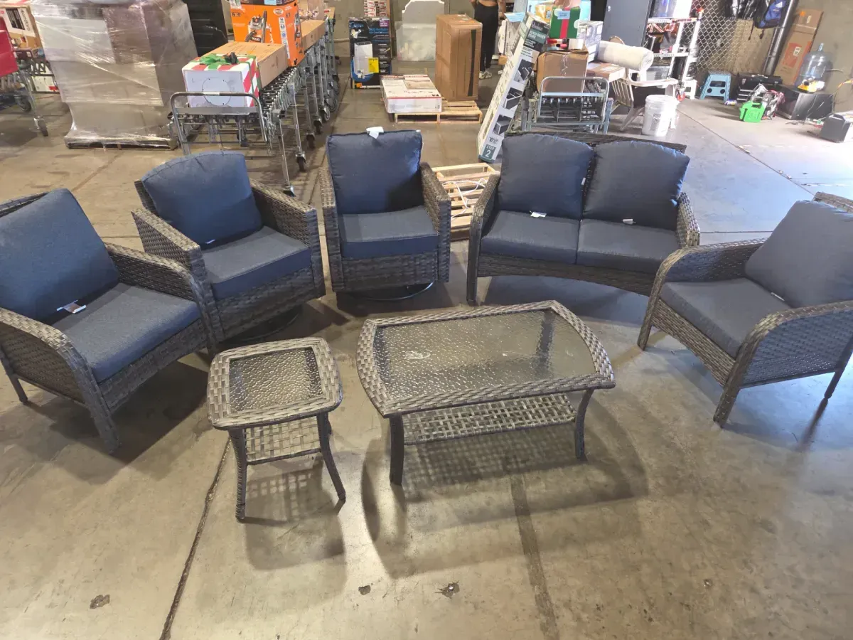 7-Piece Wicker Patio Conversation Set with Blue Cushions - image 2