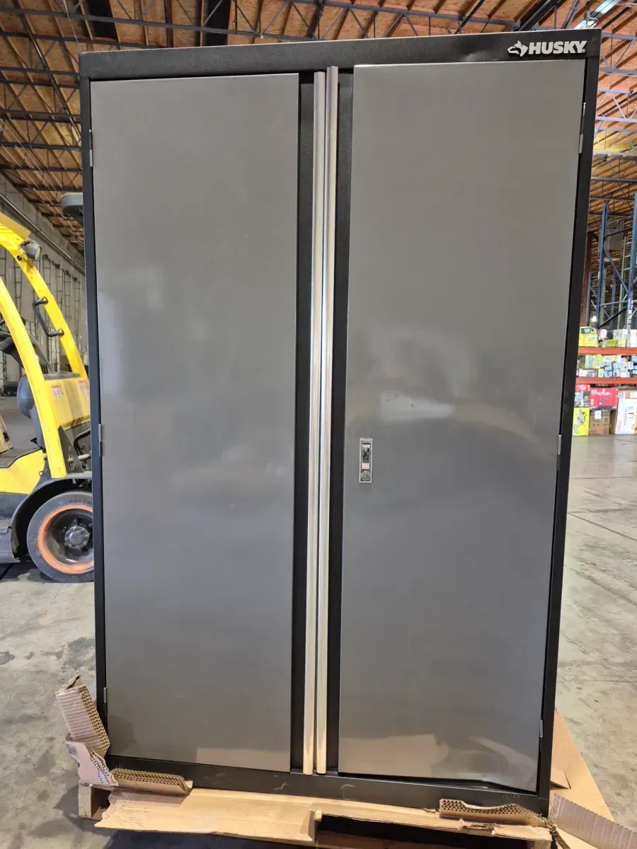 *** It has dents on the back and front... The door is locked, and there is no key.*** Husky Regular Duty 46 in. W x 72 in. H x 24 in. D 4-Shelf 22-Gauge Steel Freestanding Garage Storage Cabinet in Black and Gray - image 1