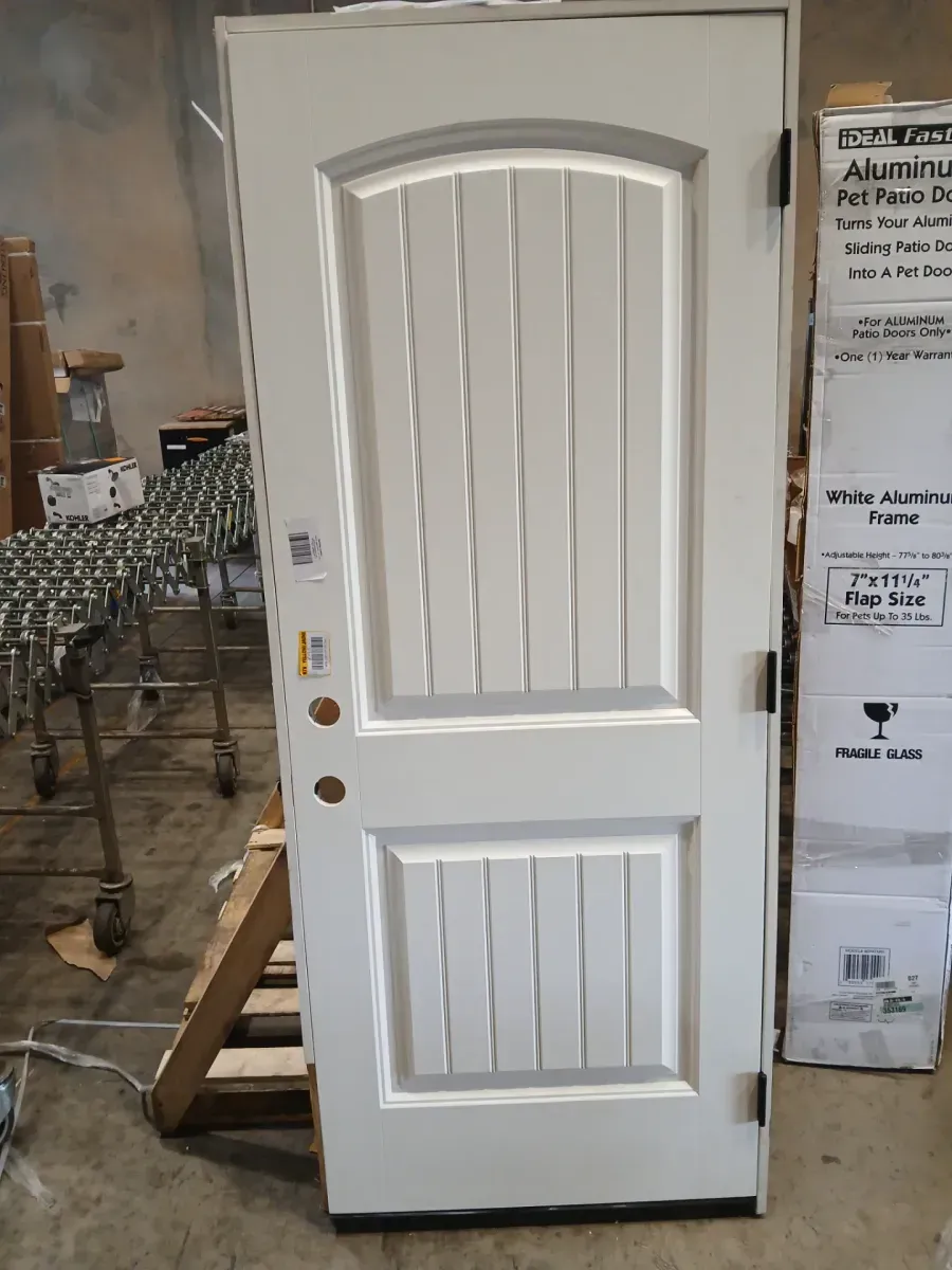 32 in. x 80 in. Cheyenne 2-Panel Left Hand Inswing Primed Smooth Fiberglass Prehung Front Exterior Door w Brickmold - image 5