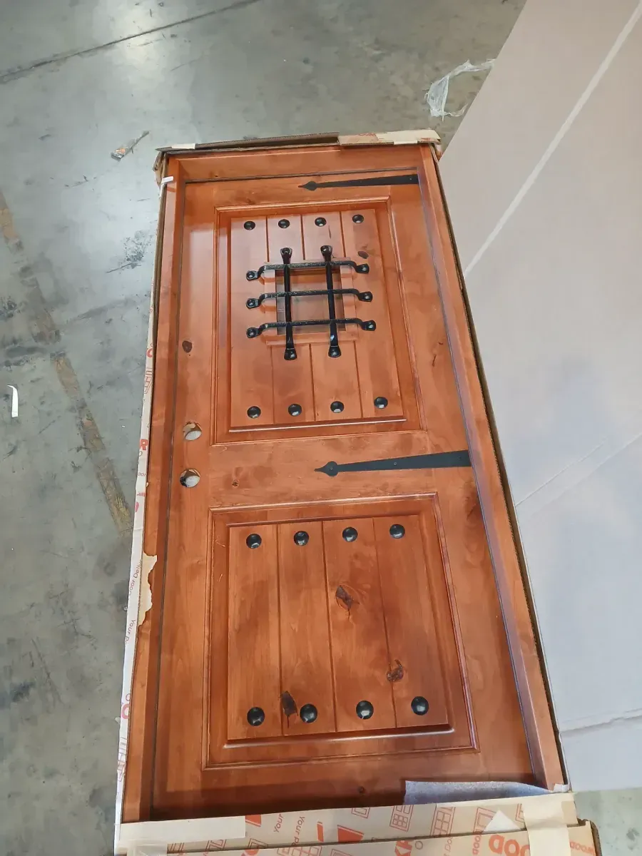 ***minor dents***36 in. x 80 in. Mediterranean Knotty Alder Arch Top Provincial Stain Left-Hand Inswing Wood Single Prehung Front Door - image 3