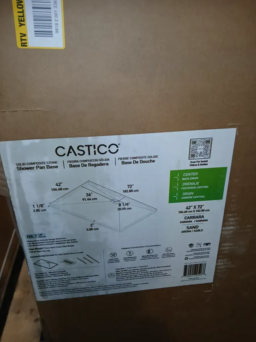 72 in. L x 42 in. W x 1.125 in. H Solid Composite Stone Shower Pan Base with Center Back Drain in Carrara Sand - image 2