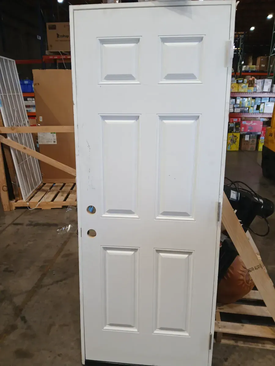 30 in. x 80 in. 6-Panel Left Hand Inswing Primed White Smooth Fiberglass Prehung Front Exterior Door with Brickmold - image 2