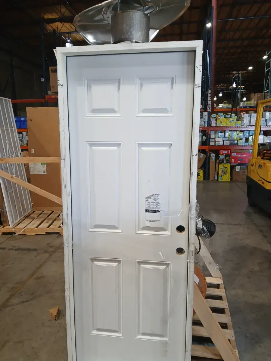 30 in. x 80 in. 6-Panel Left Hand Inswing Primed White Smooth Fiberglass Prehung Front Exterior Door with Brickmold - image 4