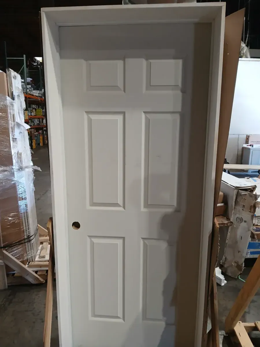 30 in. x 80 in. 6-Panel Left Hand Inswing Primed White Smooth Fiberglass Prehung Front Exterior Door with Brickmold - image 2