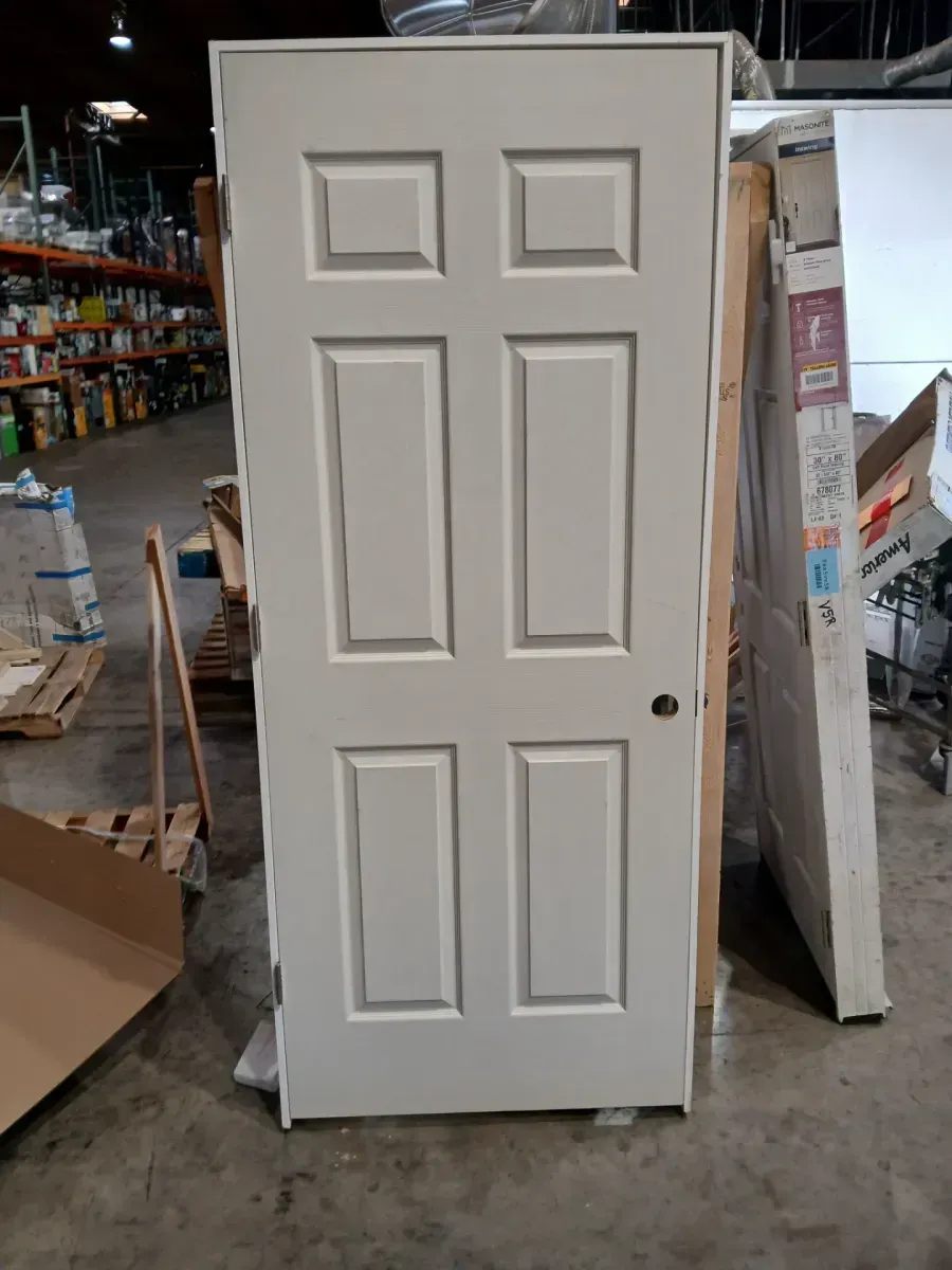 30 in. x 80 in. 6-Panel Left Hand Inswing Primed White Smooth Fiberglass Prehung Front Exterior Door with Brickmold - image 3