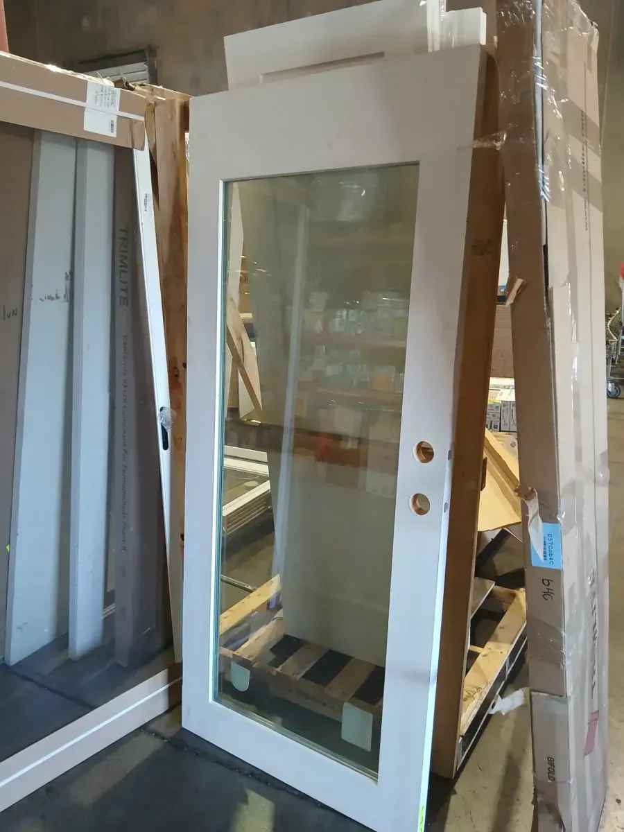 ***It's a little stained.***34 in. x 78 in. Left-Hand/Inswing Full Lite Clear Glass Primed White Smooth Fiberglass Front Door Slab - image 2