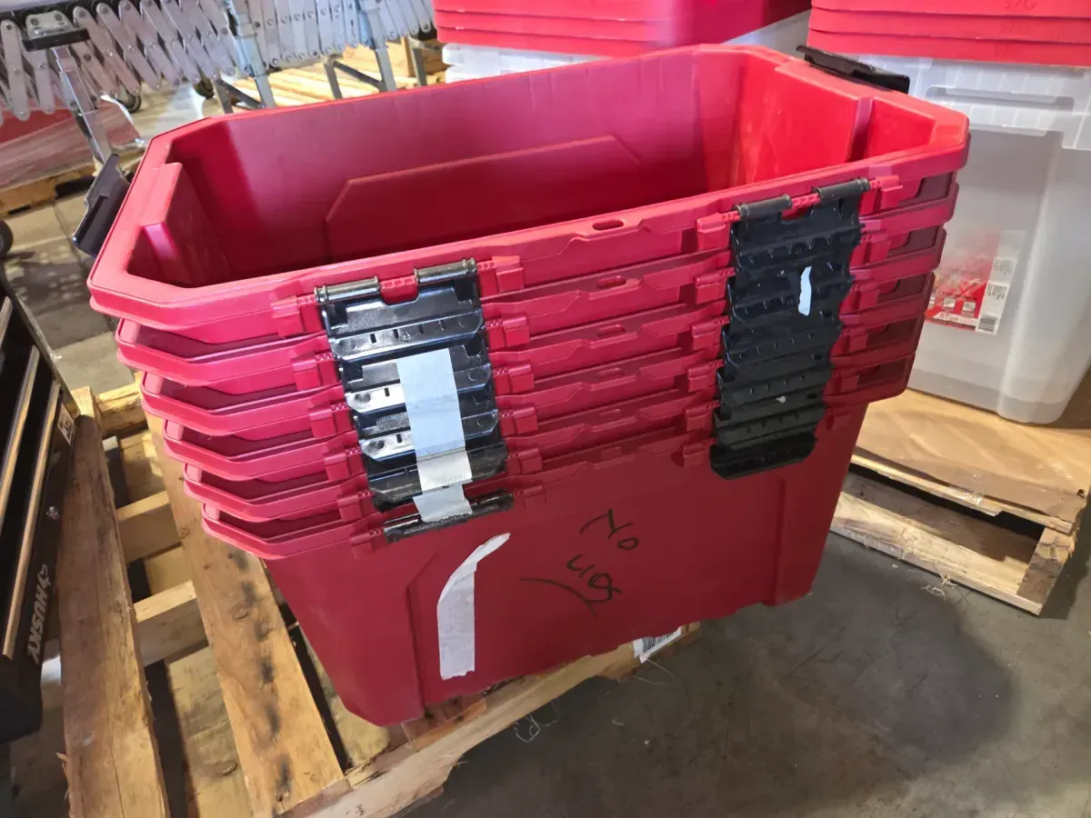 ***pack of 6 It doesn't come with the lid.***20-Gal. Professional Heavy Duty Waterproof Stackable Plastic Storage Container with Hinged Lid in Red - image 2