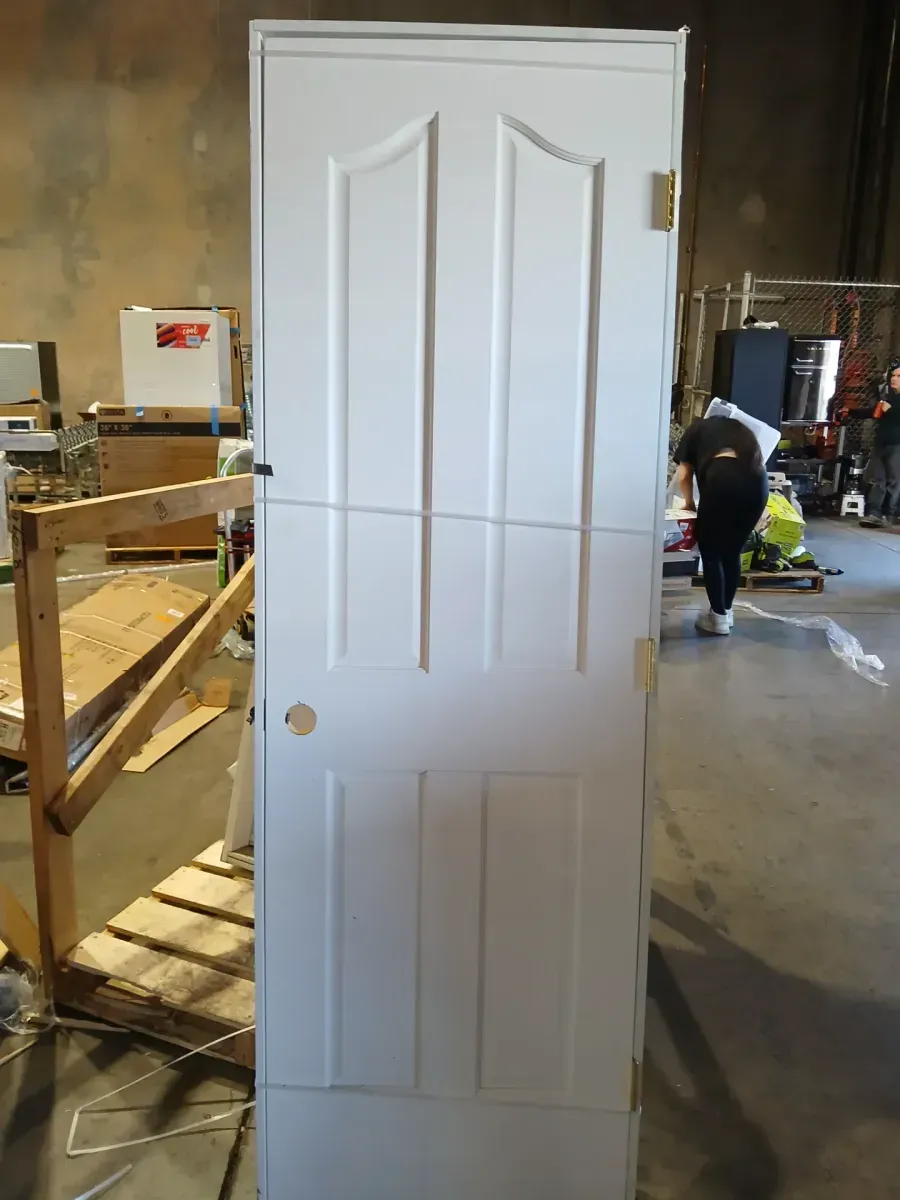 ***The same dimensions, but the panels have a different design.***28 in. x 80 in. 4 Panel Left-Handed Primed Composite Hollow Core Single Prehung Interior Door 4-9/16 in. Flat Jamb - image 1