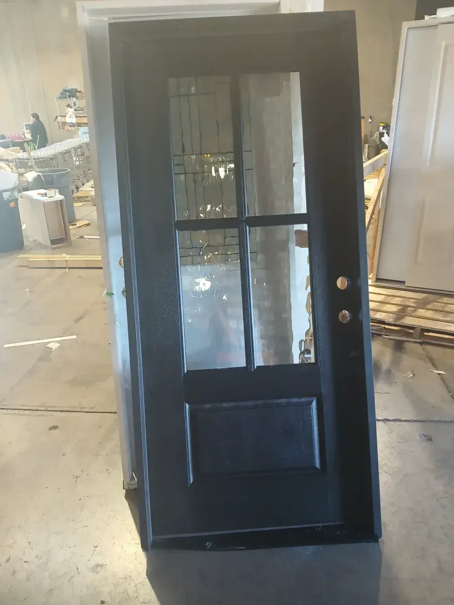 ***has a lil bit of white paint ***35 in. x 80 in. 3/4 Lite Left-Hand Inswing 4 lite SDL LoE Glass Finished Black Fiberglass Prehung Front Door - image 2