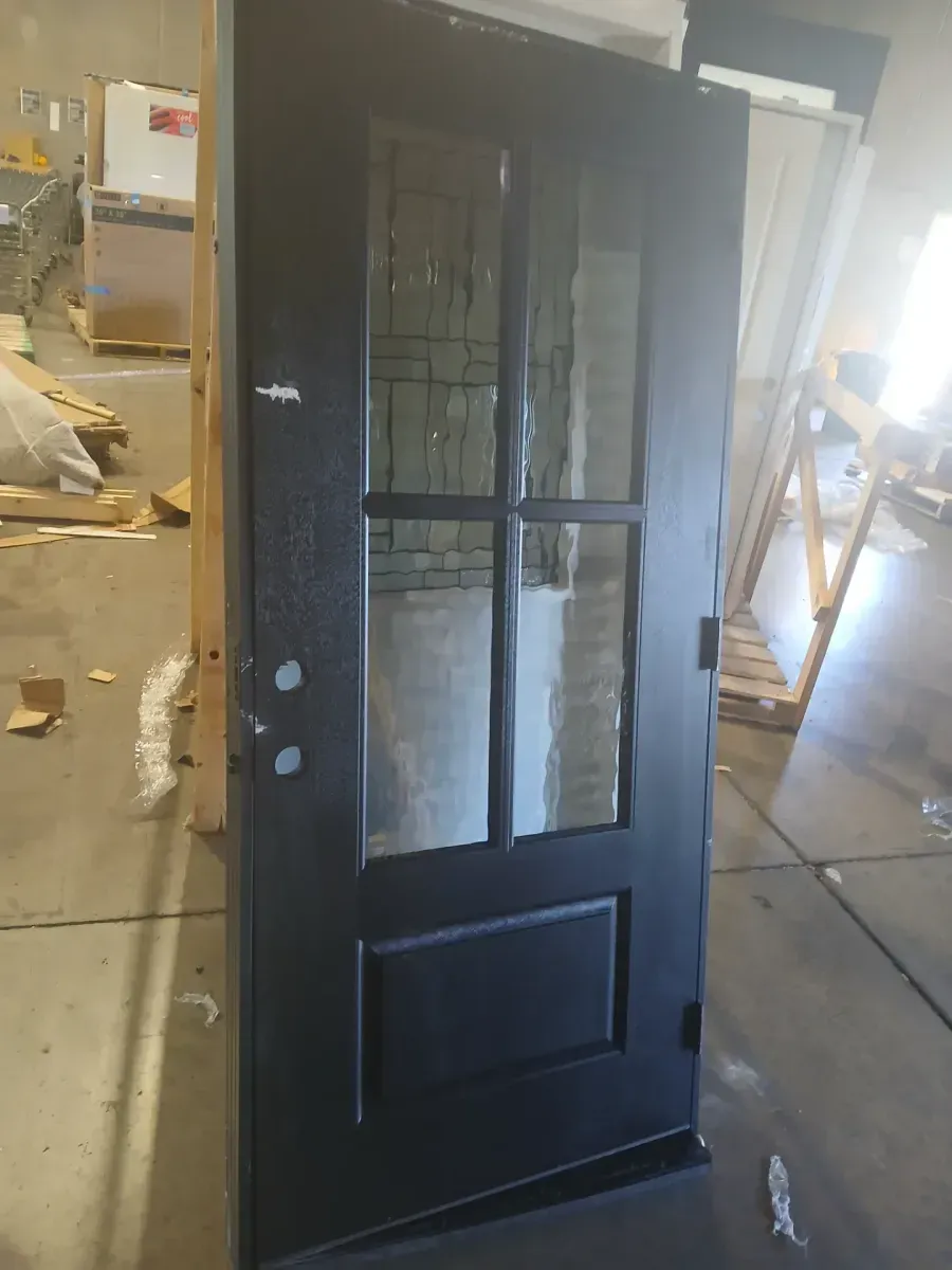 ***has a lil bit of white paint ***35 in. x 80 in. 3/4 Lite Left-Hand Inswing 4 lite SDL LoE Glass Finished Black Fiberglass Prehung Front Door - image 3