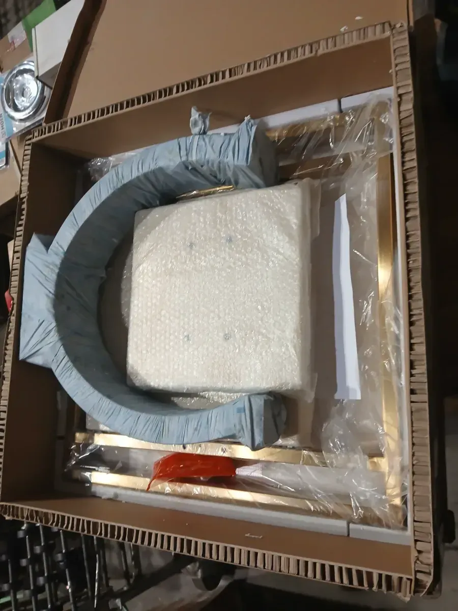 Modern C-Shaped End Table with Faux Marble Base and Gold Frame - image 3