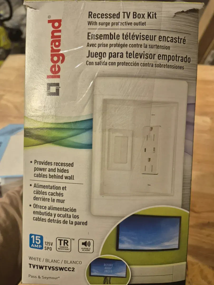 Pass & Seymour 1 Gang Recessed TV Media Box Kit with Surge Suppressing Outlet and Low Voltage Inserts, White - image 2