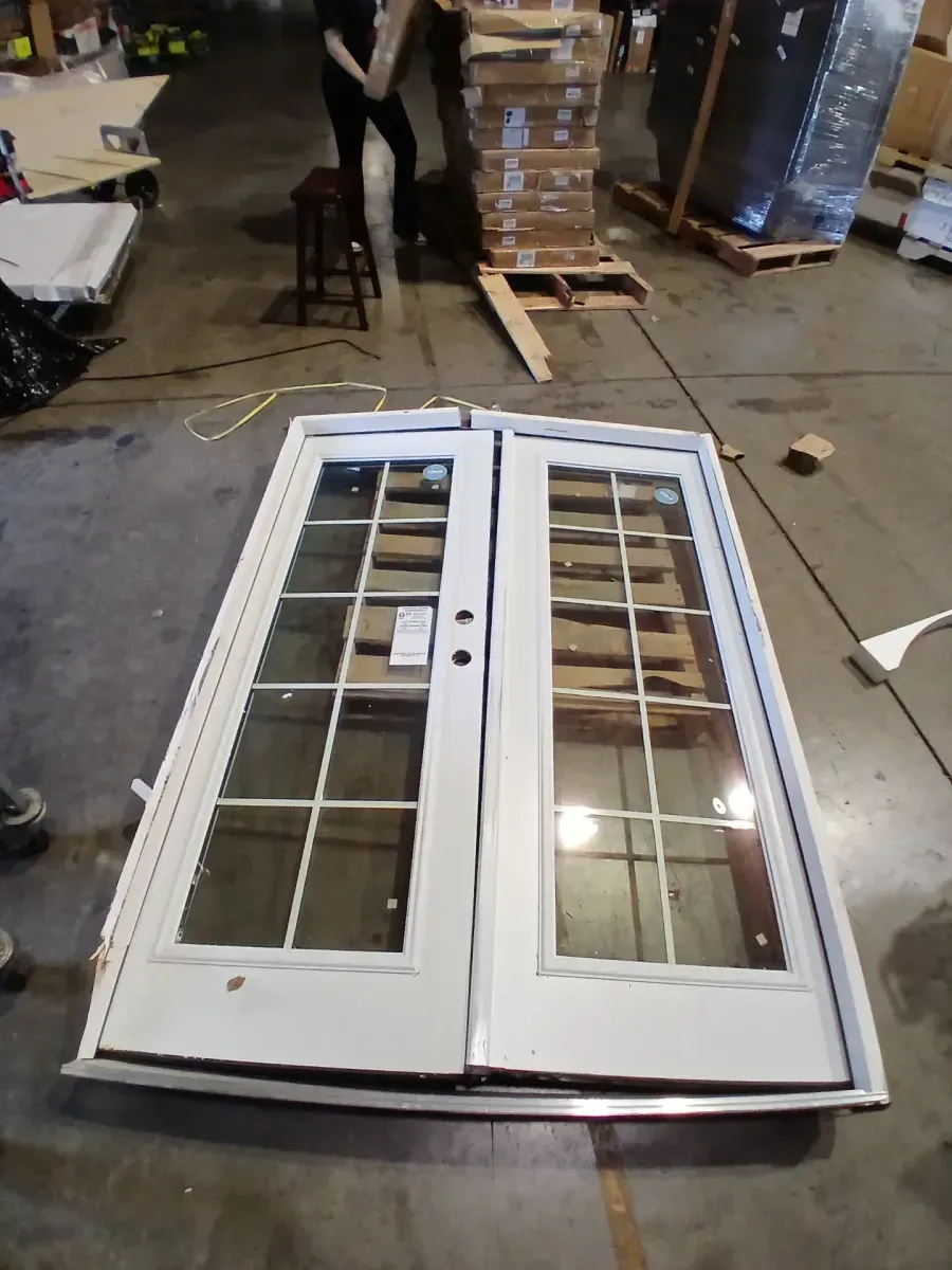 *** The frame is damaged—broken*** 60 in. x 80 in. White Primed Left-Hand/Inswing Tempered Glass Steel Double Prehung Patio Door with Wood Frame - image 2
