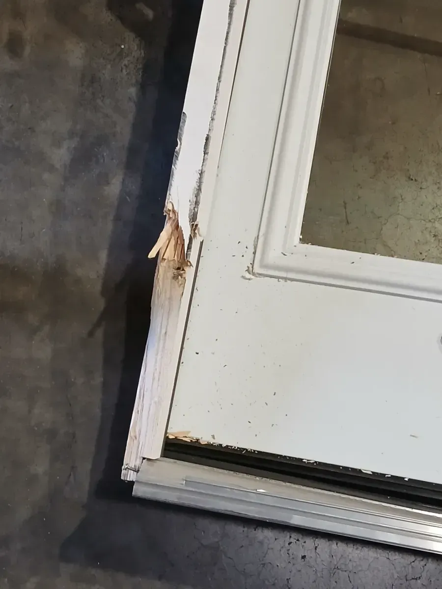 *** The frame is damaged—broken*** 60 in. x 80 in. White Primed Left-Hand/Inswing Tempered Glass Steel Double Prehung Patio Door with Wood Frame - image 4